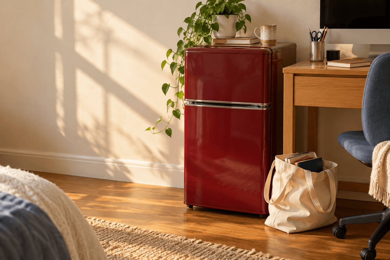 A sunny college room with a secondhand fridge, monitor, books, and a little greenery